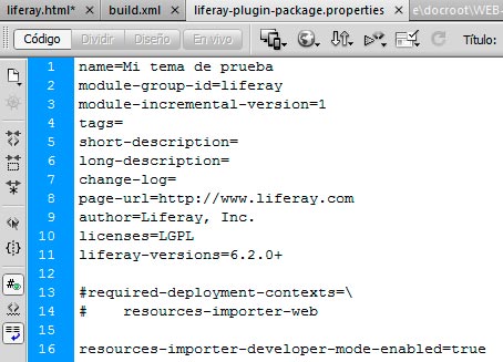 Aspecto del fichero liferay-plugin-package.properties del tema de Liferay